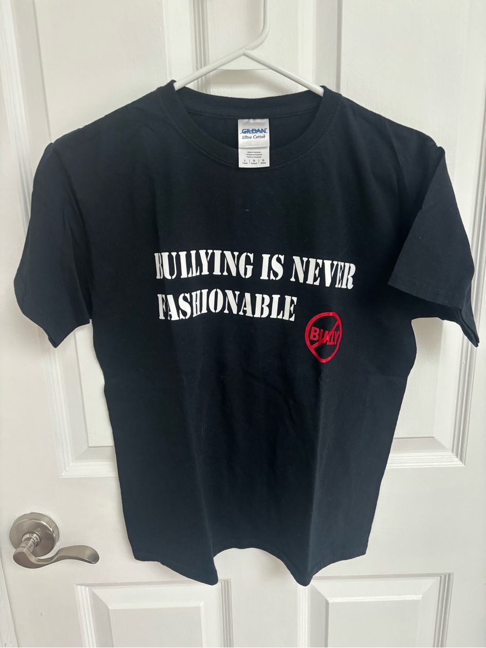 Gildan Black Tee with White Text and Red Graphic